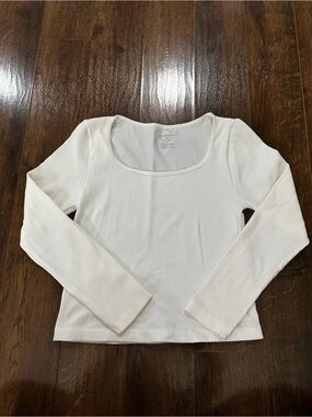 Women’s Cream Ribbed Scoop-Neck Stretch Long Sleeve Top